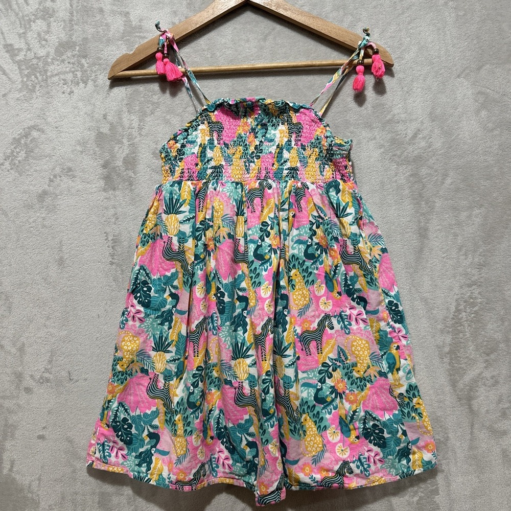 Tommy Bahama Girls Smocked Tropical Dress 8 Adjustable Strap Ties Pink Tassels